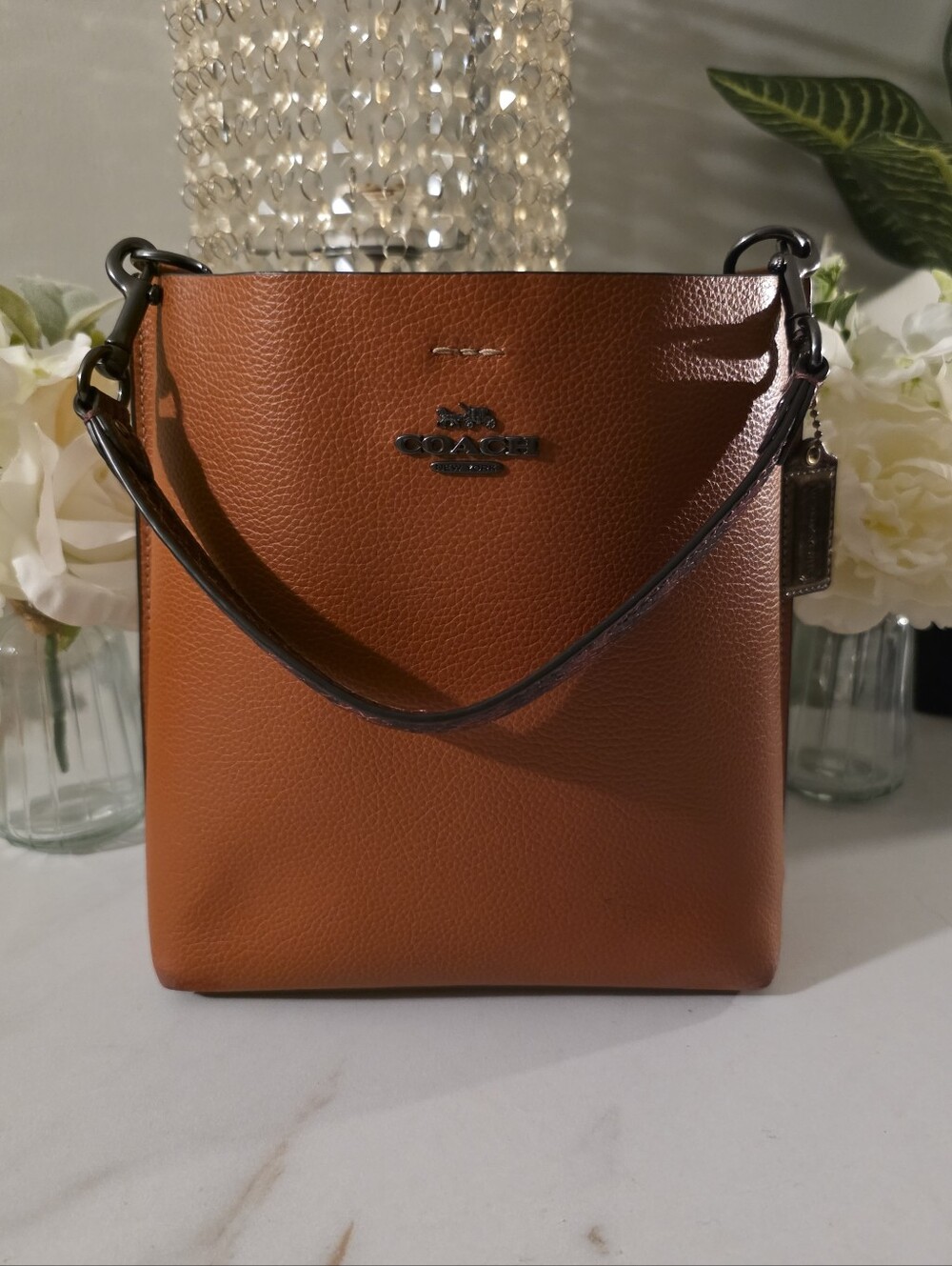 Coach Pebbled Leather Bucket Bag in Saddle Brown with Red/  Brown  ShoulderStrap
